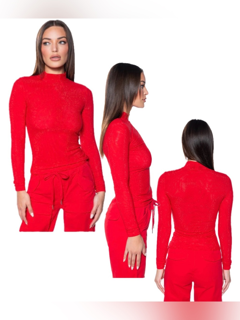 AKIRA RED CLARISSA EMBELLISHED LONG SLEEVE MESH Mock Neck TOP Sz L NWOT Sparkly